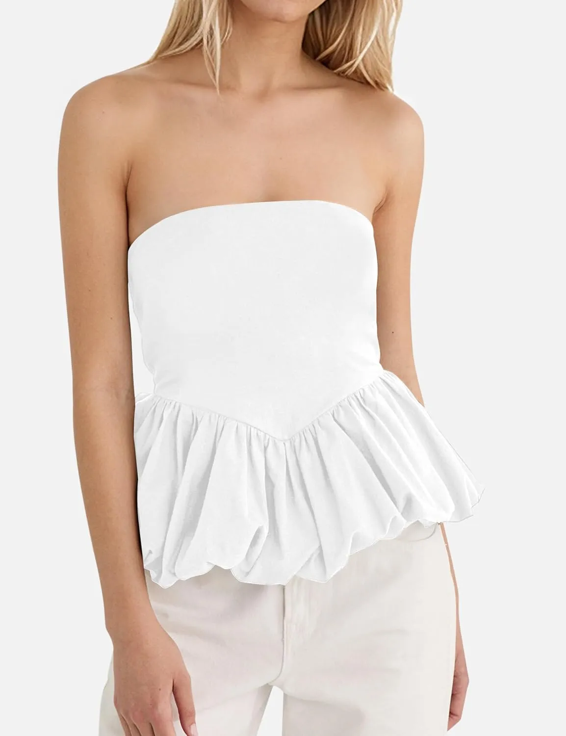 MISSACTIVER Peplum Tank Top for Women Casual Bandeau Tube Top Summer Flowy Strapless Going Out Shirts Blouses