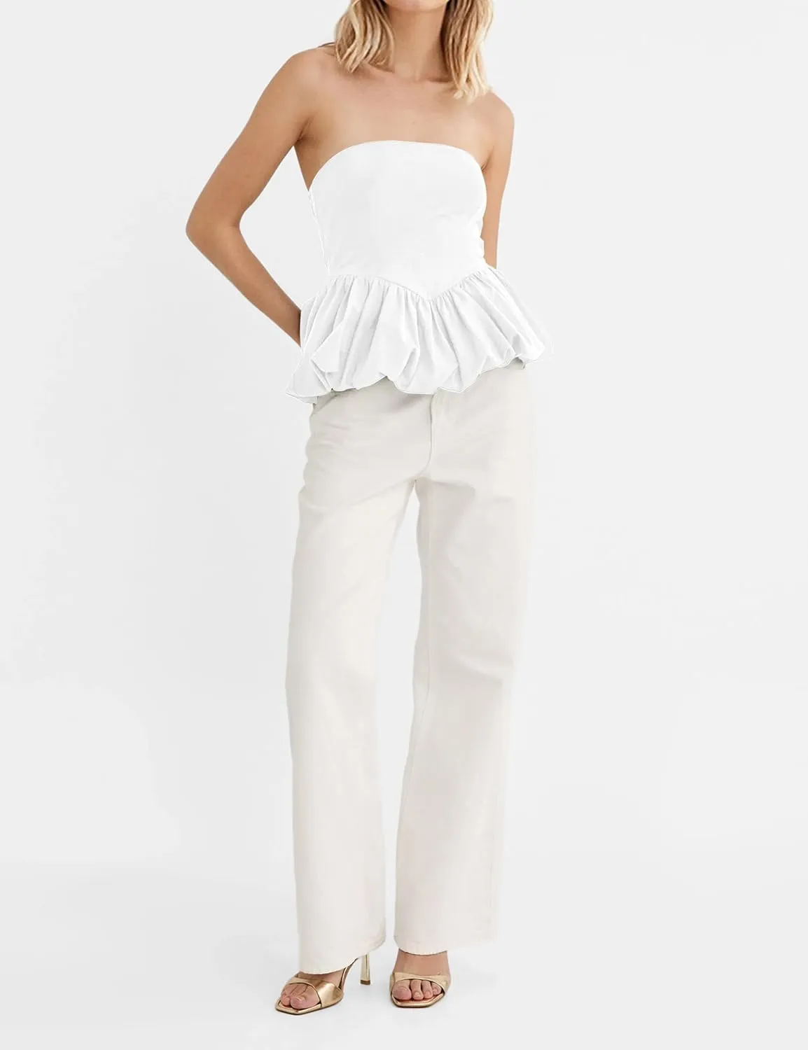 MISSACTIVER Peplum Tank Top for Women Casual Bandeau Tube Top Summer Flowy Strapless Going Out Shirts Blouses