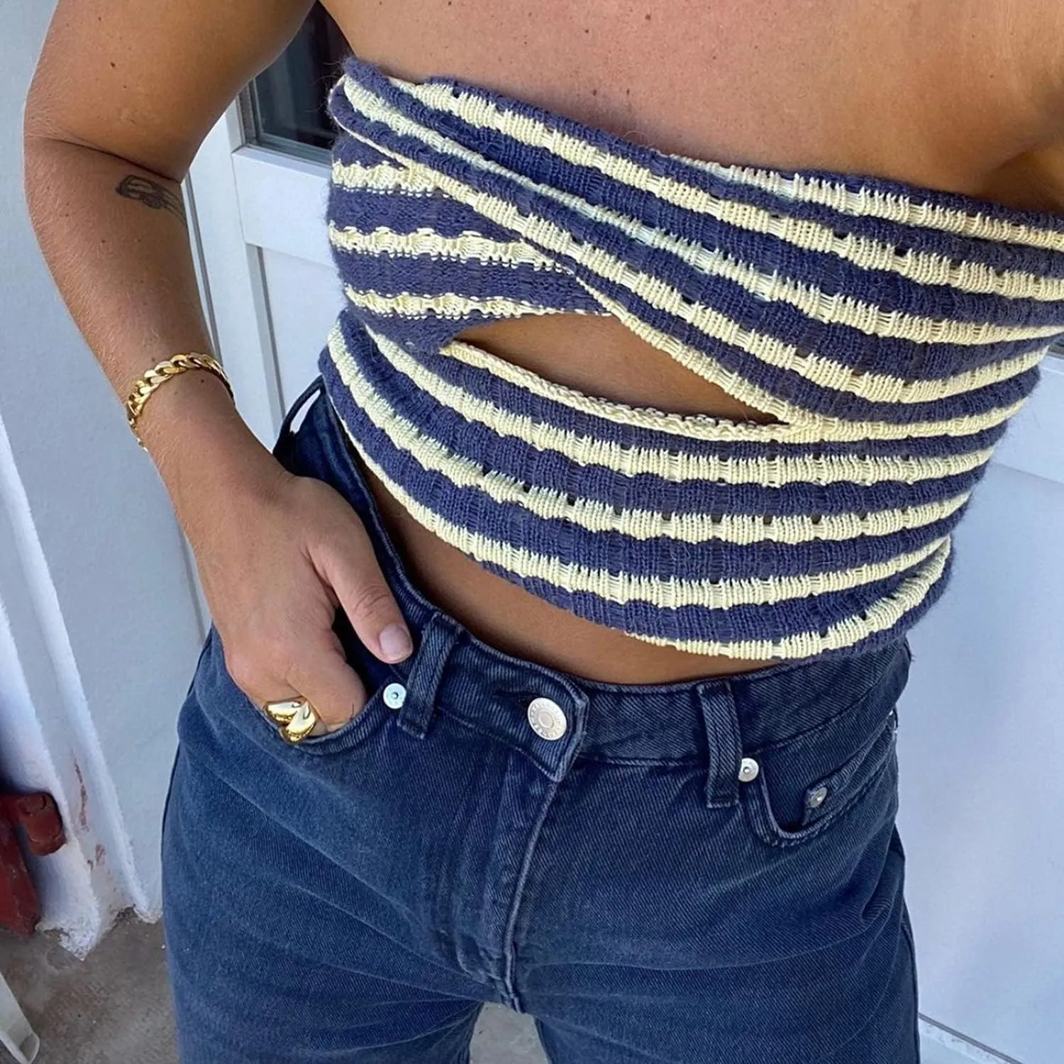 MISSACTIVER Women Striped Knit Bandeau Top Sexy Strapless Sleeveless Twist Front Hollow Out Backless Tube Crop Top Party