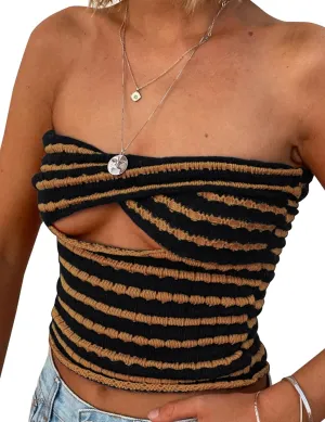 MISSACTIVER Women Striped Knit Bandeau Top Sexy Strapless Sleeveless Twist Front Hollow Out Backless Tube Crop Top Party