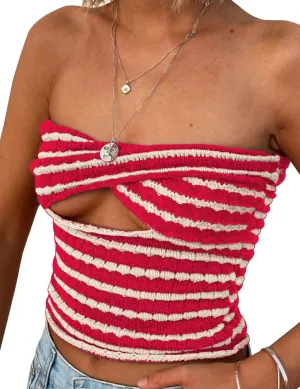 MISSACTIVER Women Striped Knit Bandeau Top Sexy Strapless Sleeveless Twist Front Hollow Out Backless Tube Crop Top Party