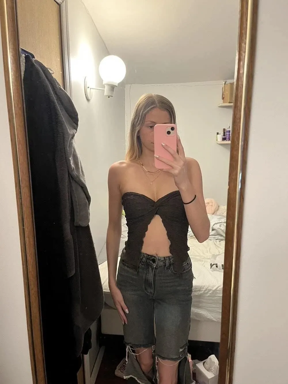 MISSACTIVER Women Twist Knot Front Texture Bandeau Top Sexy Strapless Sleeveless Split Hem Lettuce Trim Tube Crop Top Corset