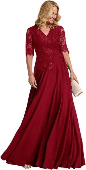 Mother of The Bride Dress Lace Appliques Long Sleeve Formal Evening Gowns Chiffon Long Formal Dress
