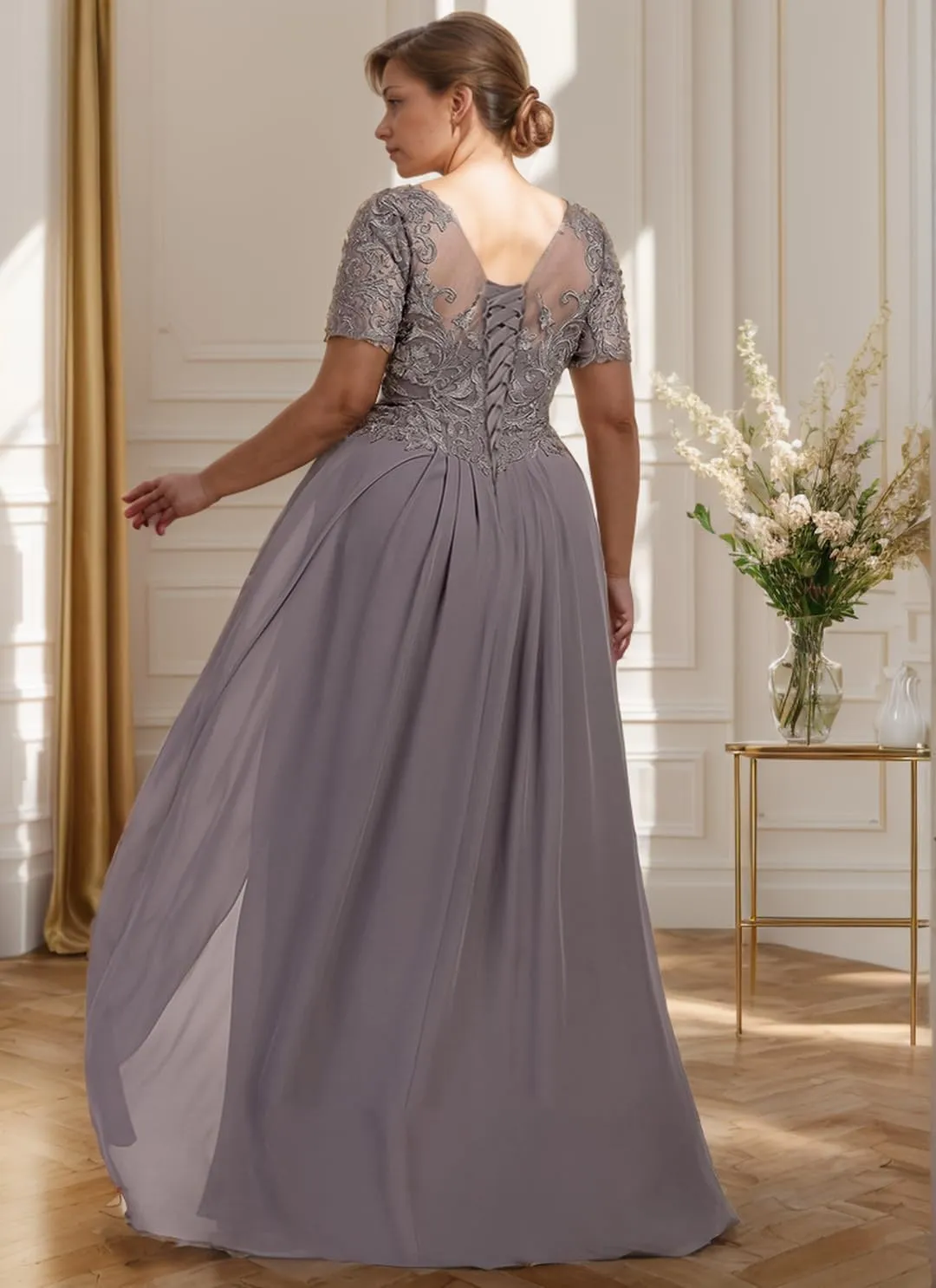Mother of The Bride Dresses for Wedding Long Chiffon Lace Applique Short Sleeves Formal Evening Gown 2024