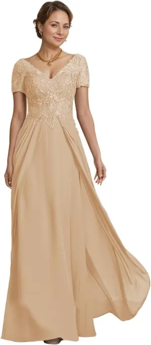 Mother of The Bride Dresses for Wedding Long Chiffon Lace Applique Short Sleeves Formal Evening Gown 2024