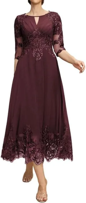 Mother of The Bride Dresses Lace 3/4 Sleeve Evening Dress Tea Length Chiffon Wedding Guest Dresses for Women