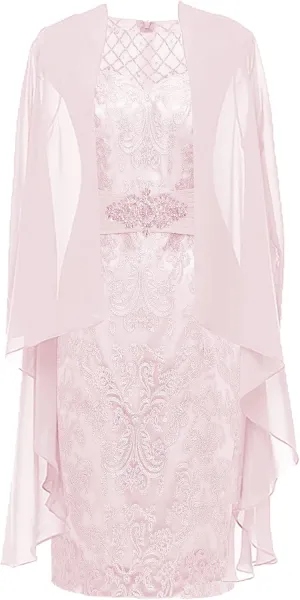 Mother of The Bride Dresses with Jacket 2 Pieces Tea Length Evening Gown Chiffon Wedding Guest Dresses for Women