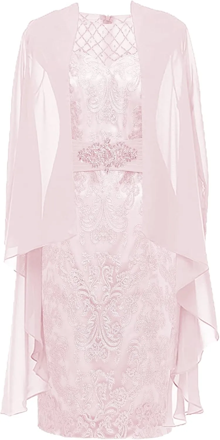 Mother of The Bride Dresses with Jacket 2 Pieces Tea Length Evening Gown Chiffon Wedding Guest Dresses for Women