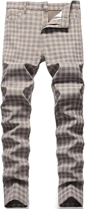 Mywinway Mens Casual Plaid Dress Pants: Stretch Skinny Busniss Slim Fit Chinos Pants