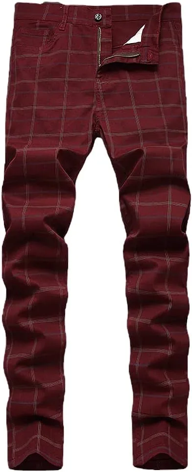 Mywinway Mens Casual Plaid Dress Pants: Stretch Skinny Busniss Slim Fit Chinos Pants