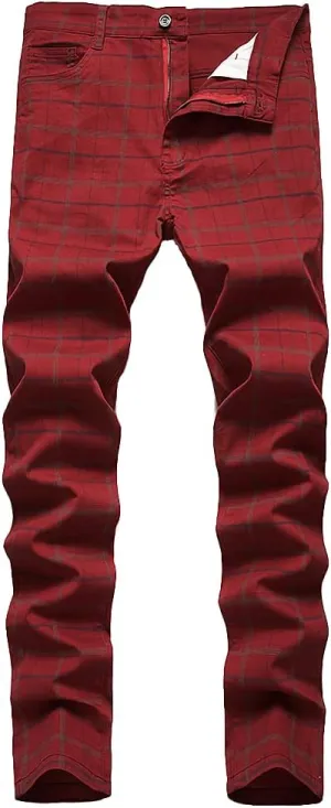 Mywinway Mens Casual Plaid Dress Pants: Stretch Skinny Busniss Slim Fit Chinos Pants