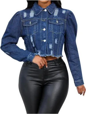 Mzkdieey Women's Ripped Raw Hem Cropped Denim Jacket Lapel Long Sleeve Button Down Distressed Frayed Jean Jackets