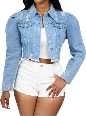 Mzkdieey Women's Ripped Raw Hem Cropped Denim Jacket Lapel Long Sleeve Button Down Distressed Frayed Jean Jackets