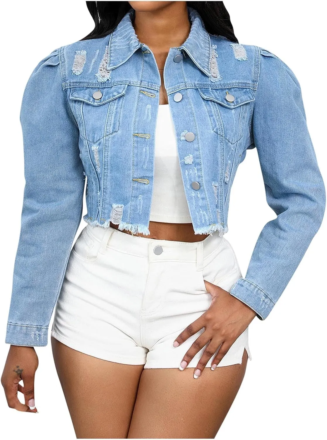 Mzkdieey Women's Ripped Raw Hem Cropped Denim Jacket Lapel Long Sleeve Button Down Distressed Frayed Jean Jackets