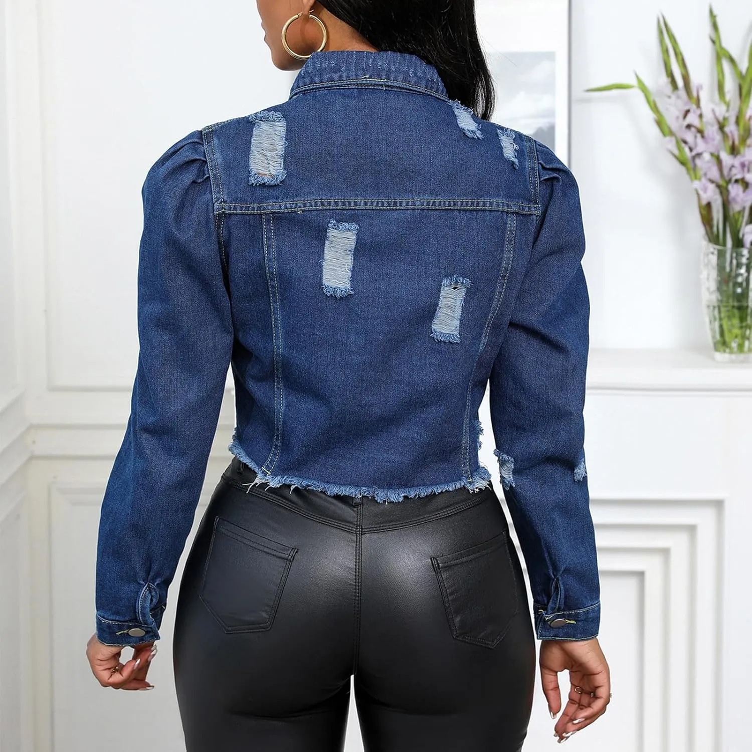 Mzkdieey Women's Ripped Raw Hem Cropped Denim Jacket Lapel Long Sleeve Button Down Distressed Frayed Jean Jackets