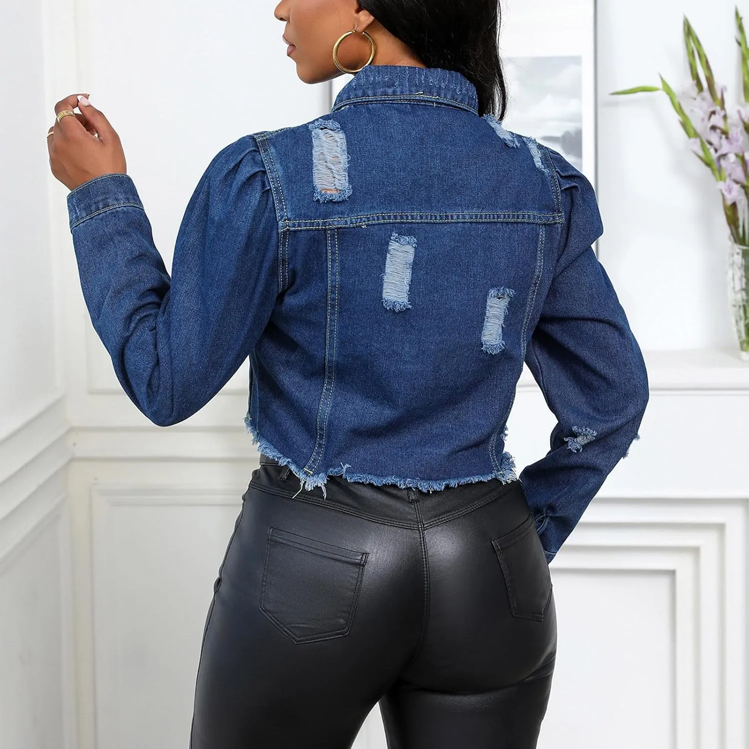 Mzkdieey Women's Ripped Raw Hem Cropped Denim Jacket Lapel Long Sleeve Button Down Distressed Frayed Jean Jackets