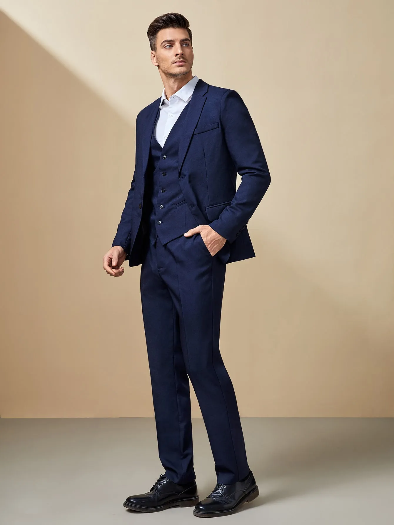 Navy Blue Lapel Collar Solid Blazer and Pants Set With Vest