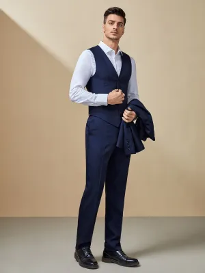 Navy Blue Lapel Collar Solid Blazer and Pants Set With Vest