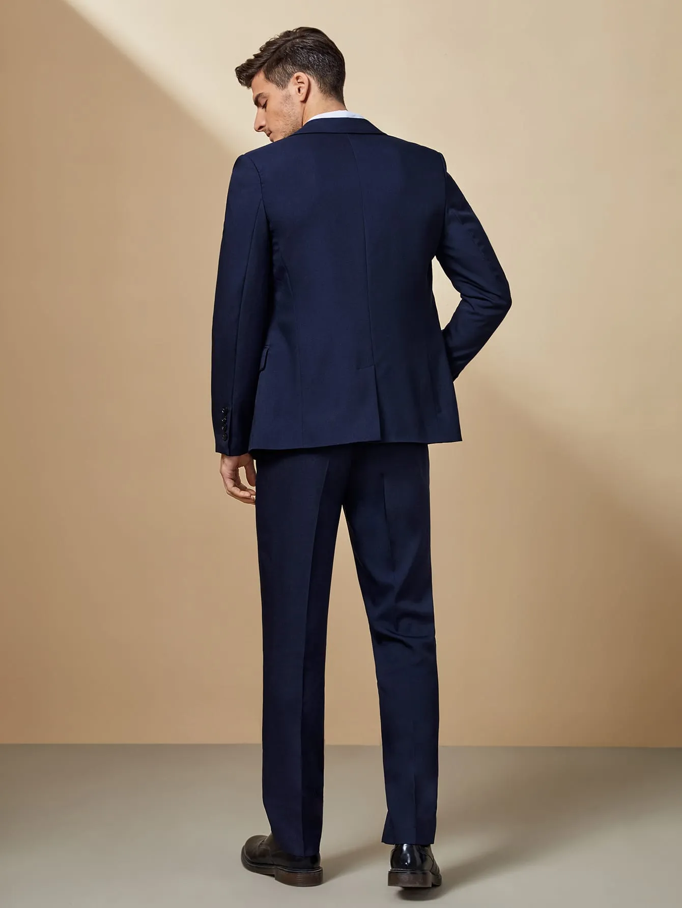 Navy Blue Lapel Collar Solid Blazer and Pants Set With Vest
