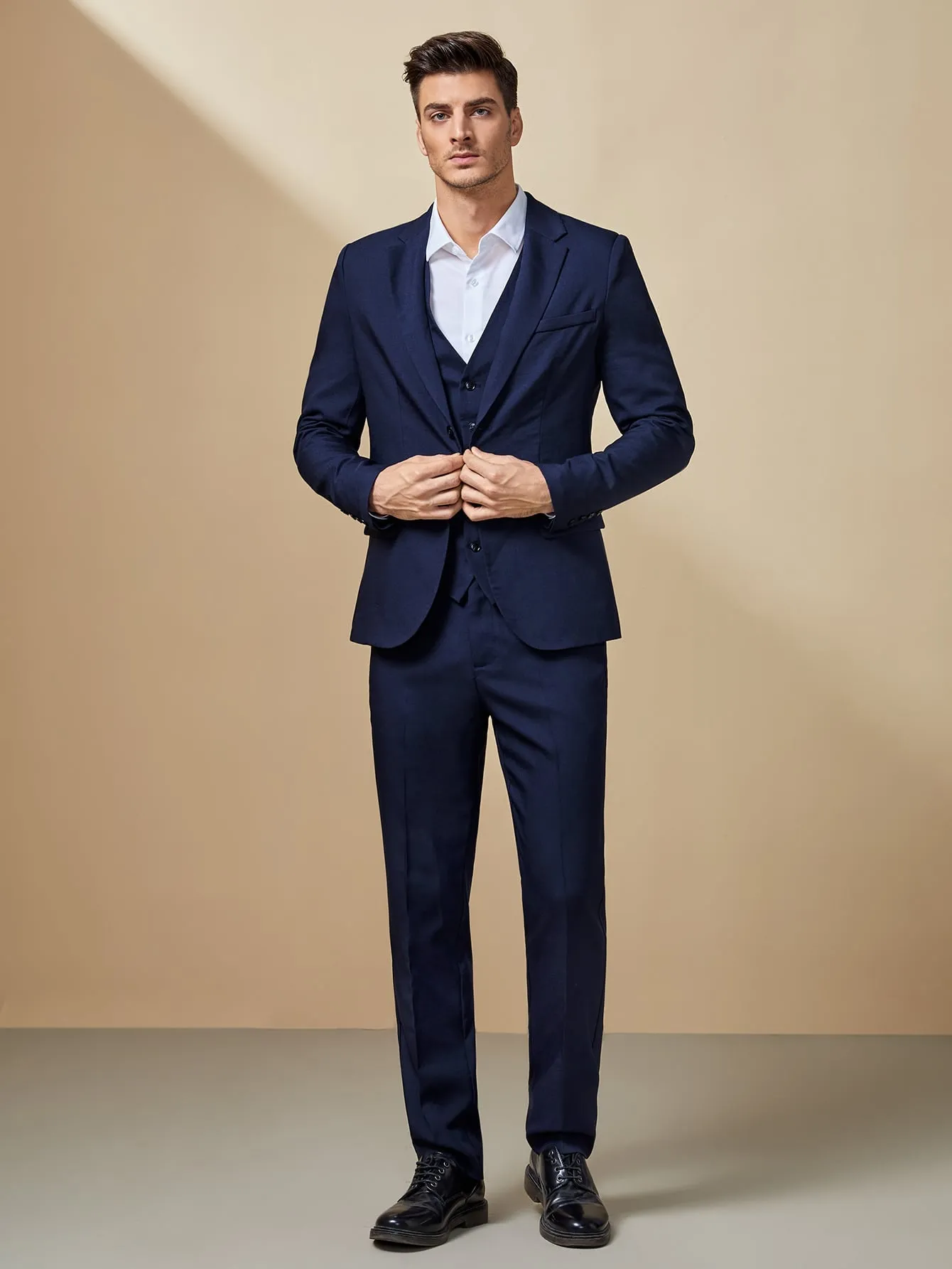 Navy Blue Lapel Collar Solid Blazer and Pants Set With Vest