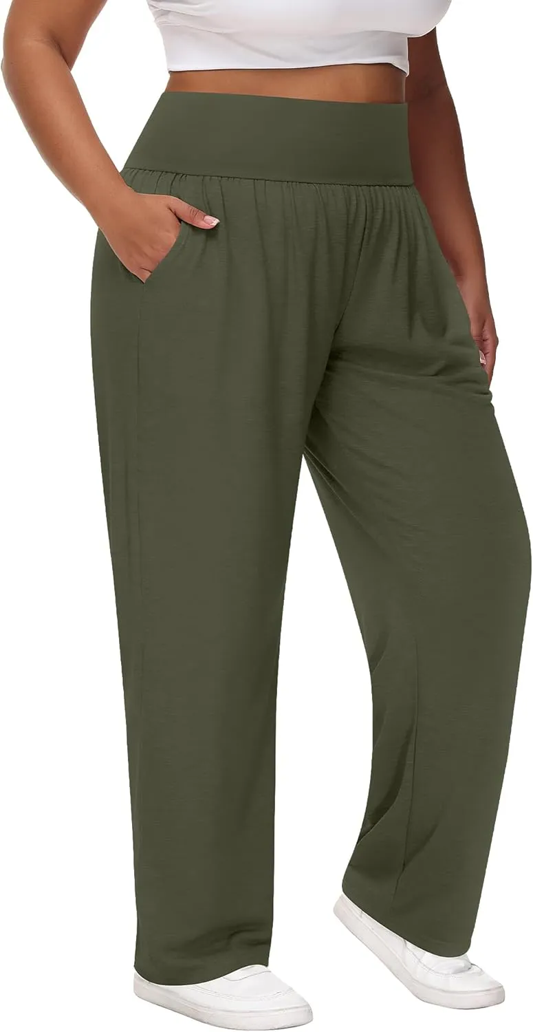 Neer 3 Pack Women Plus Size Wide Leg Yoga Pants High Waist Sweatpants Plus Size Palazzo Pants Lounge with Pockets
