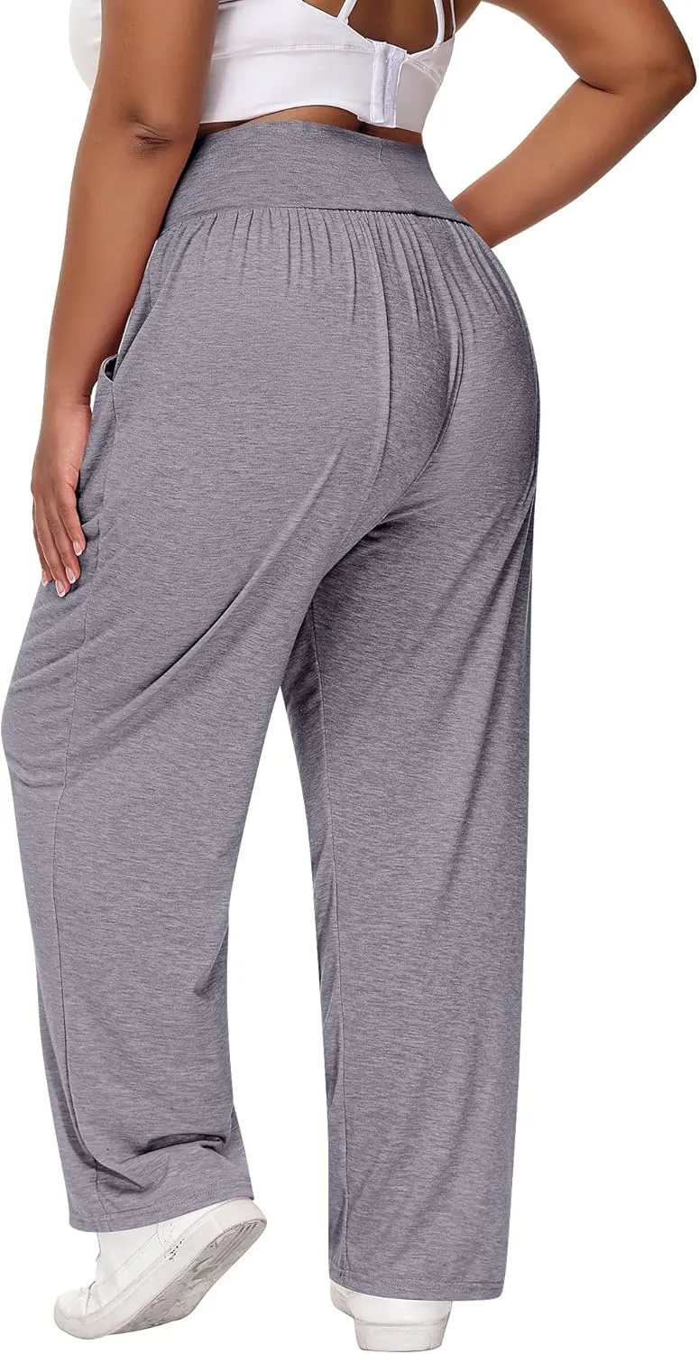 Neer 3 Pack Women Plus Size Wide Leg Yoga Pants High Waist Sweatpants Plus Size Palazzo Pants Lounge with Pockets
