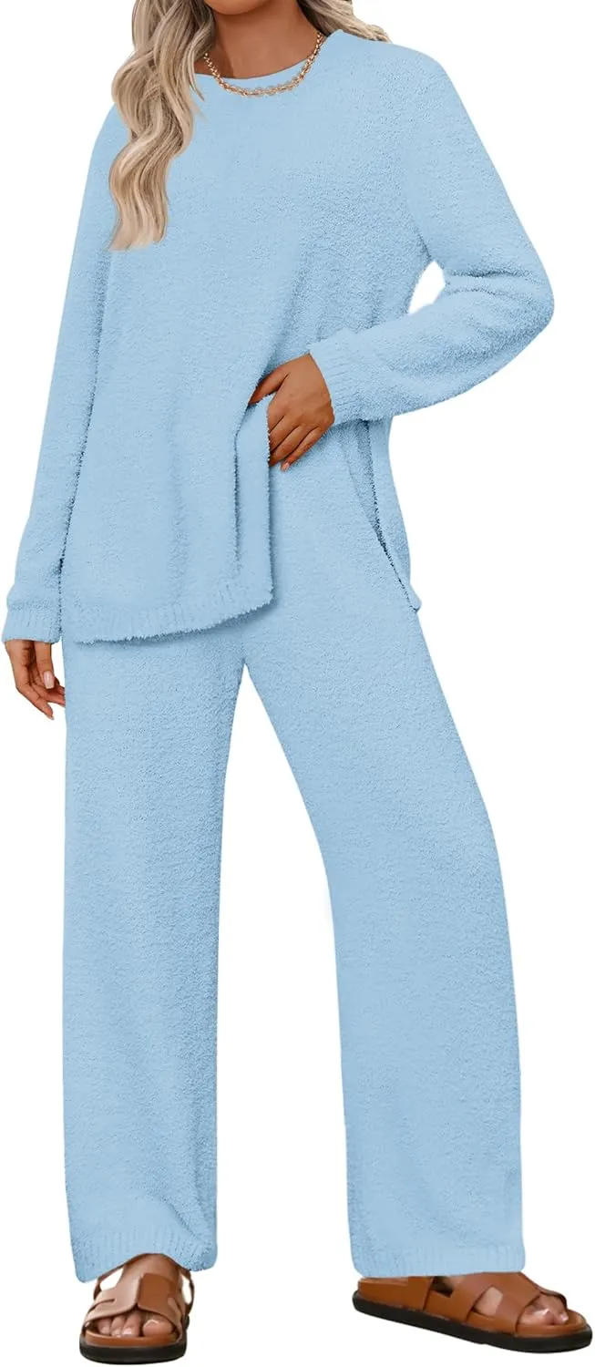 NENONA Women's Fuzzy Fleece Lounge Sets 2 Piece Loungewear Outfits Oversized Tunic Sweater Wide Leg Pants Pajama Sets