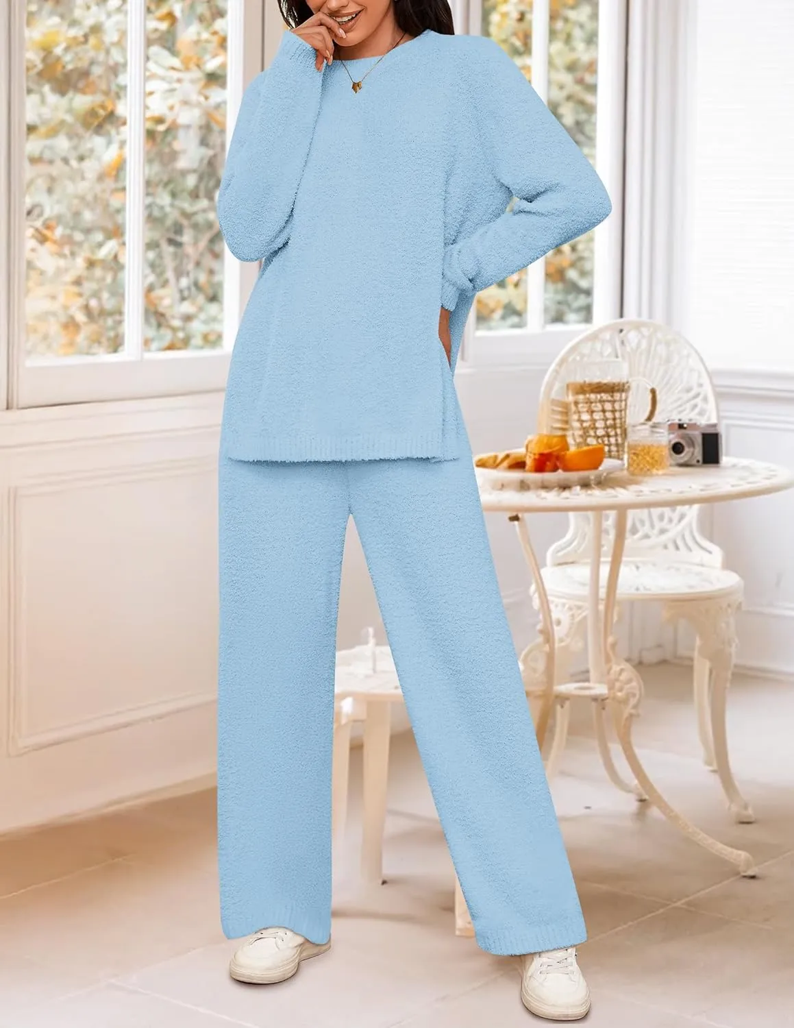 NENONA Women's Fuzzy Fleece Lounge Sets 2 Piece Loungewear Outfits Oversized Tunic Sweater Wide Leg Pants Pajama Sets