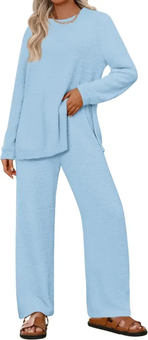 NENONA Women's Fuzzy Fleece Lounge Sets 2 Piece Loungewear Outfits Oversized Tunic Sweater Wide Leg Pants Pajama Sets