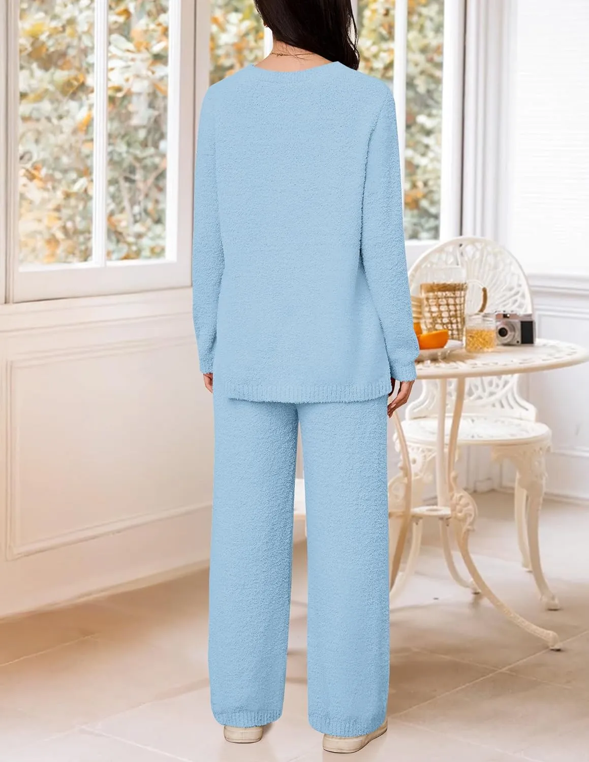 NENONA Women's Fuzzy Fleece Lounge Sets 2 Piece Loungewear Outfits Oversized Tunic Sweater Wide Leg Pants Pajama Sets