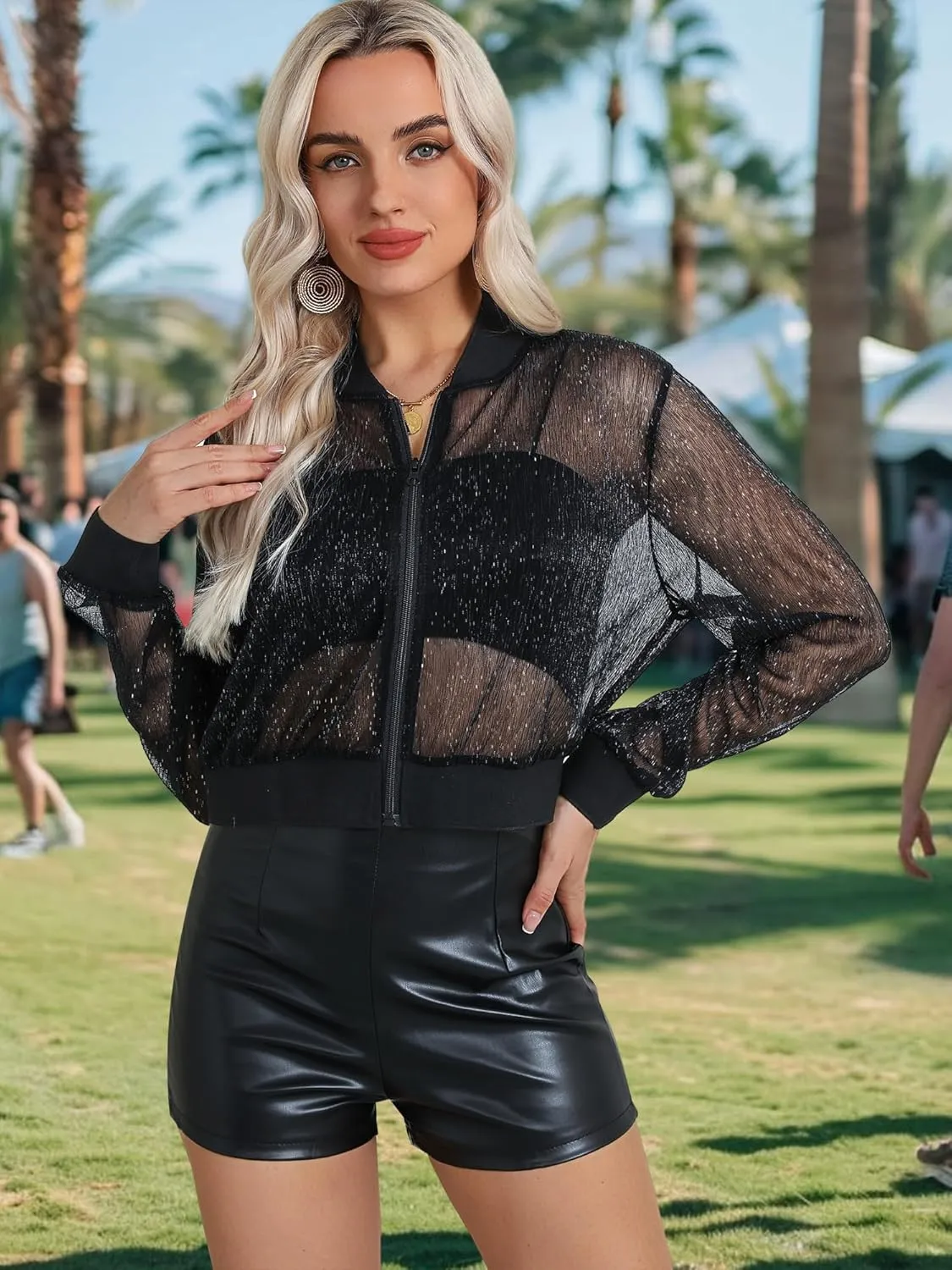 Nlife Women Sheer Mesh Sparkly Bomber Jackets See Thru Glitter Shiny Rave Lightweight Zip Up Crop Jacket Outwear