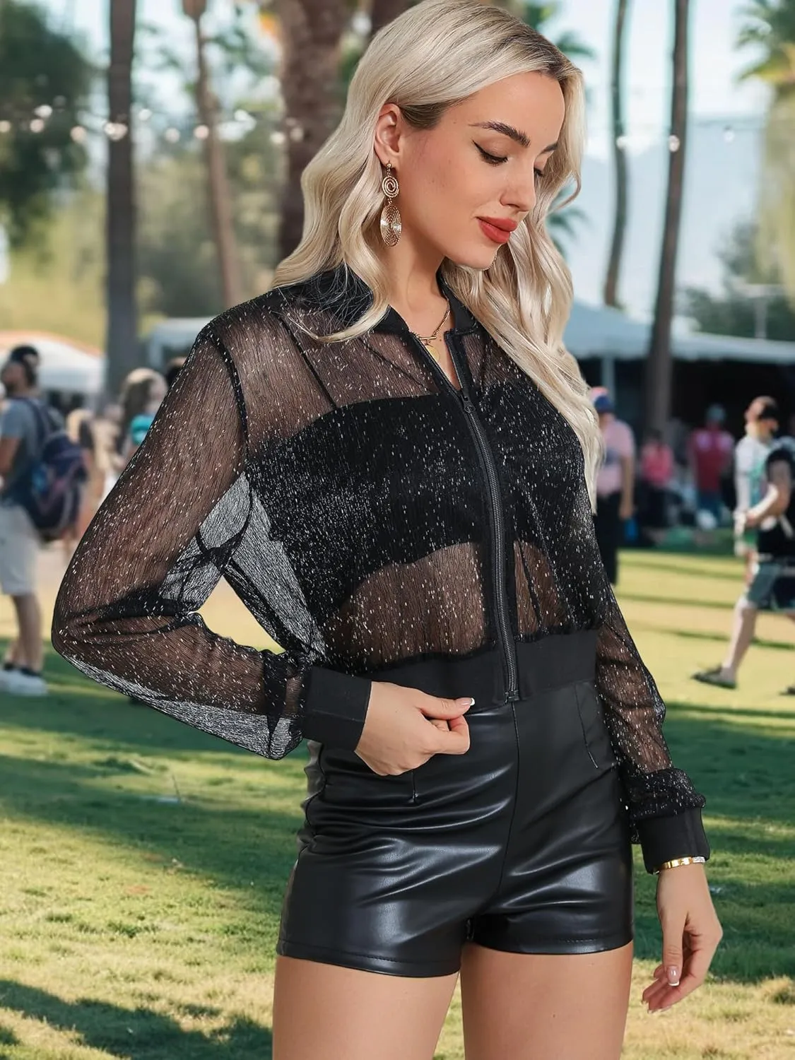 Nlife Women Sheer Mesh Sparkly Bomber Jackets See Thru Glitter Shiny Rave Lightweight Zip Up Crop Jacket Outwear