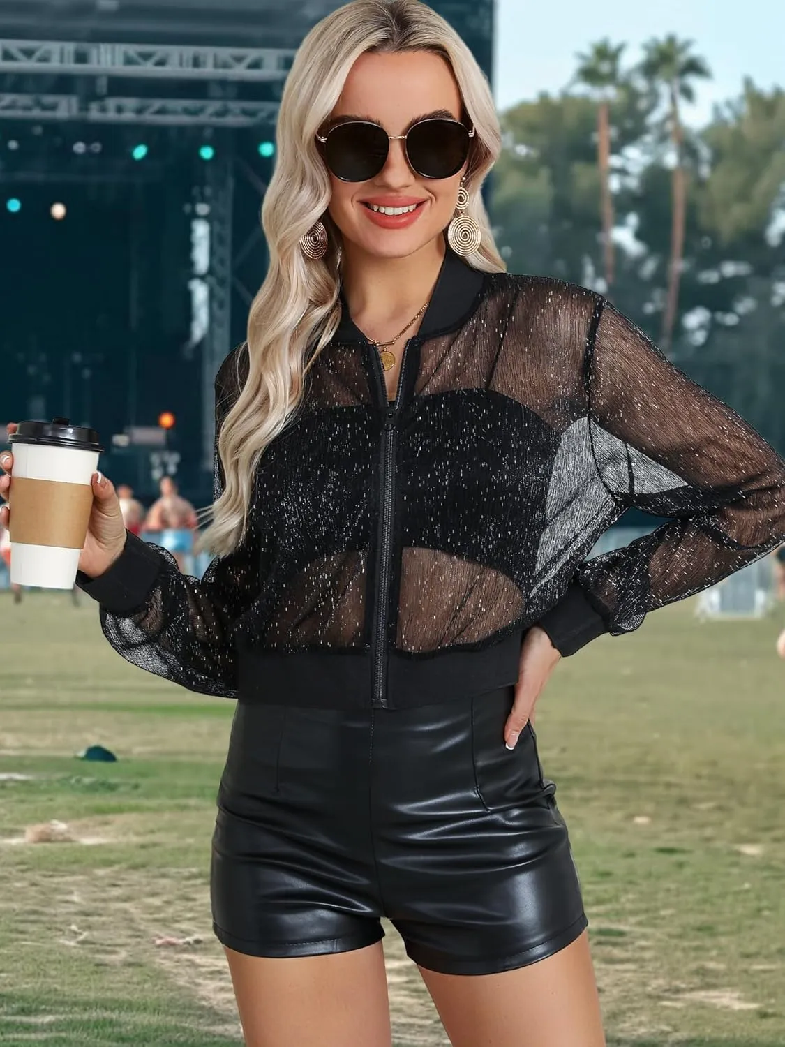 Nlife Women Sheer Mesh Sparkly Bomber Jackets See Thru Glitter Shiny Rave Lightweight Zip Up Crop Jacket Outwear