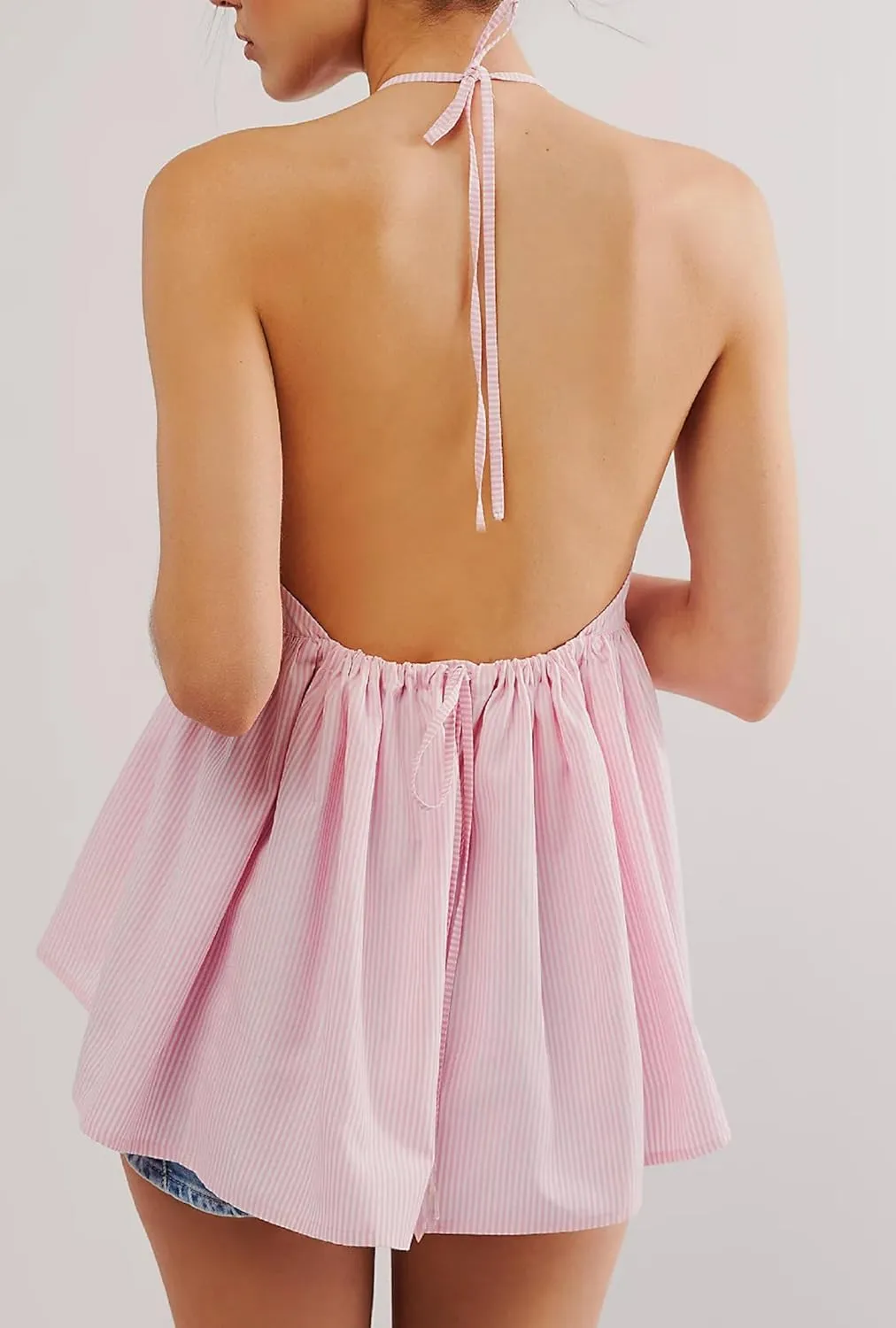 NUFIWI Sexy Stripe Peplum Halter Top Sleeveless Open Back Striped Camisole Tie Neck Ruffled A Line Cami Tank Tops