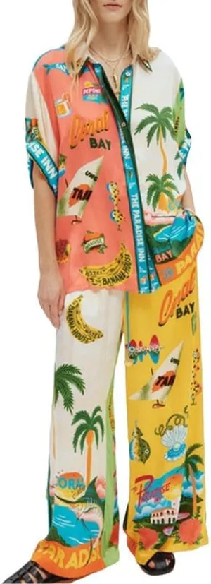 NUFIWI Women Vintage Graffiti 2 Pieces Pants Sets Floral Graphic Print Short Sleeve Shirt Wide Leg Pants Summer Vocation Suit