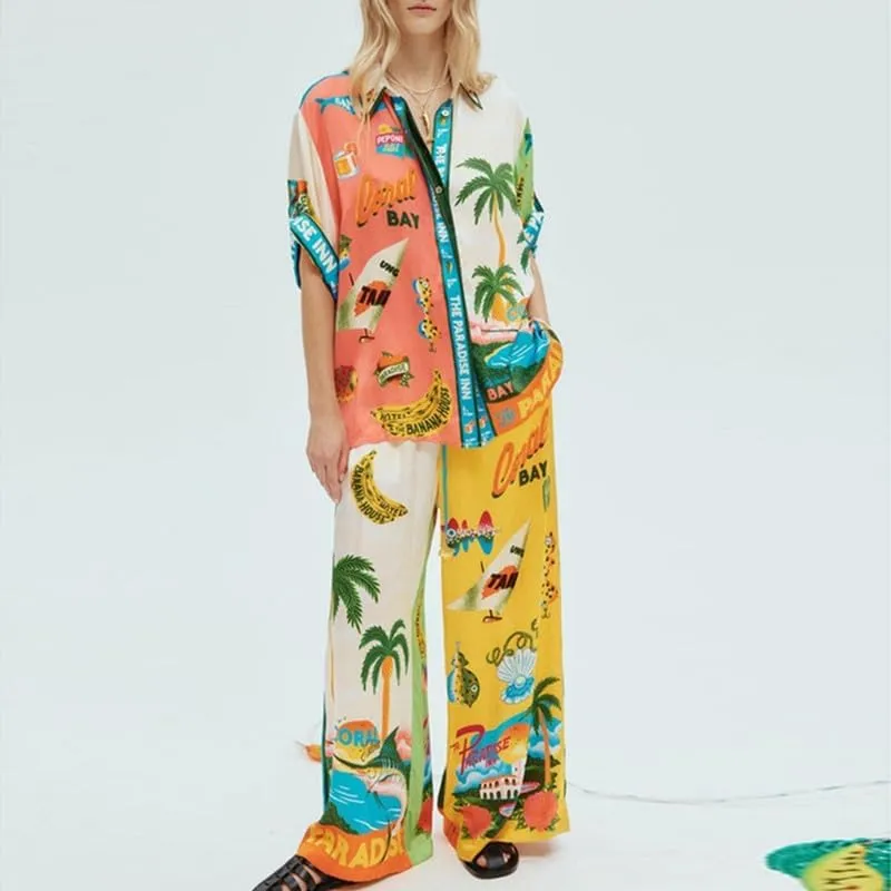 NUFIWI Women Vintage Graffiti 2 Pieces Pants Sets Floral Graphic Print Short Sleeve Shirt Wide Leg Pants Summer Vocation Suit