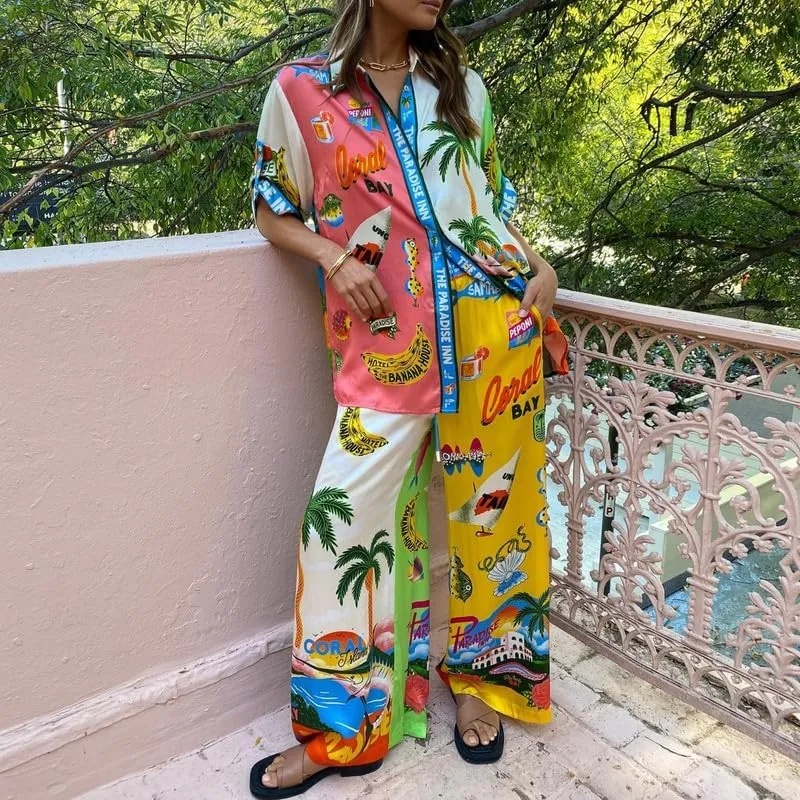 NUFIWI Women Vintage Graffiti 2 Pieces Pants Sets Floral Graphic Print Short Sleeve Shirt Wide Leg Pants Summer Vocation Suit