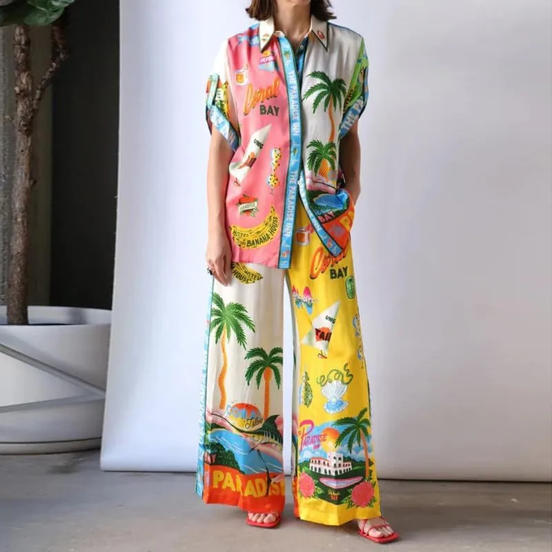 NUFIWI Women Vintage Graffiti 2 Pieces Pants Sets Floral Graphic Print Short Sleeve Shirt Wide Leg Pants Summer Vocation Suit
