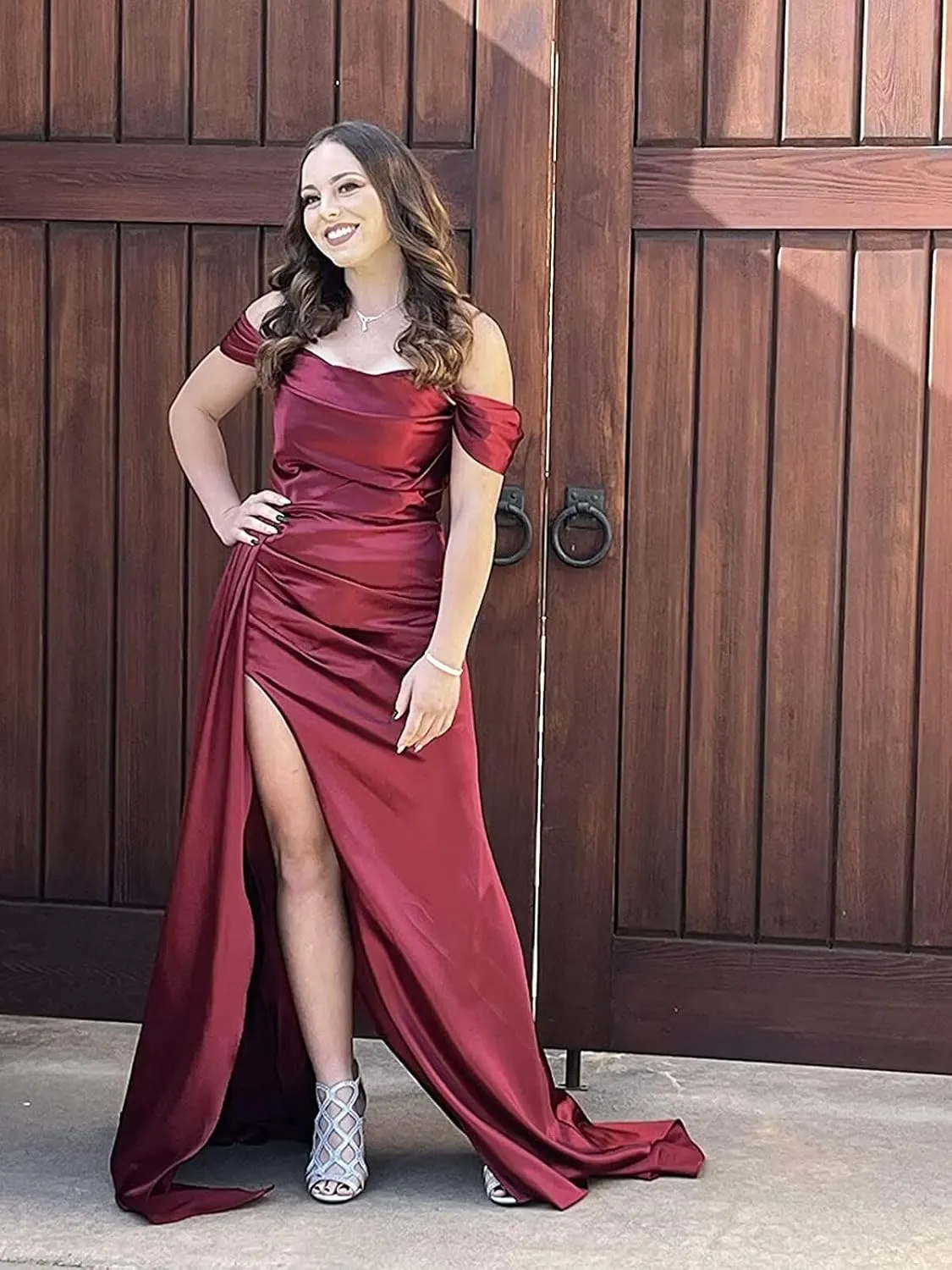 Off Shoulder Prom Dresses for Women 2025 Satin Bridesmaid Dress Long with Train Formal Evening Party Gown with Slit DR0005