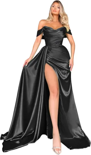 Off Shoulder Prom Dresses for Women 2025 Satin Bridesmaid Dress Long with Train Formal Evening Party Gown with Slit DR0005