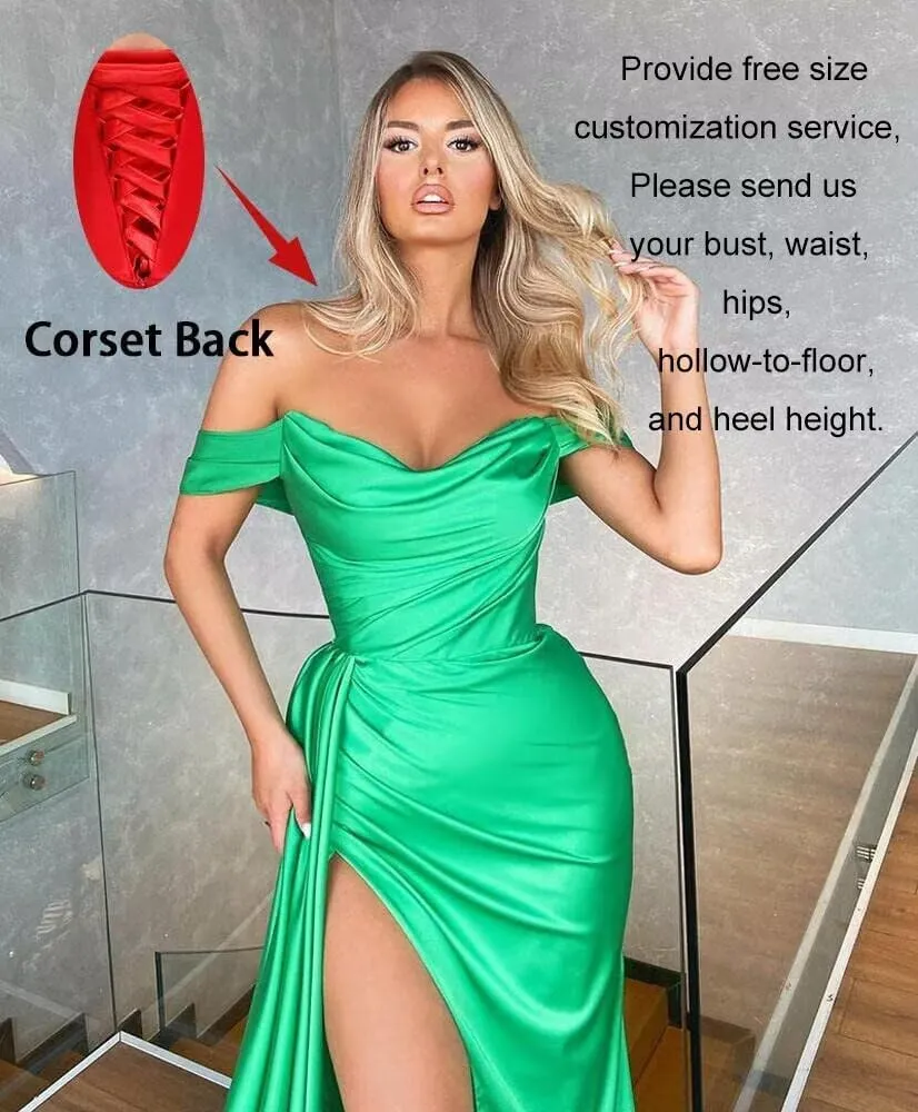 Off Shoulder Prom Dresses for Women 2025 Satin Bridesmaid Dress Long with Train Formal Evening Party Gown with Slit DR0005