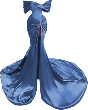 Off Shoulder Satin Prom Dresses for Women 2025 Sparkly Beaded Mermaid Corset Formal Evening Gowns with Train