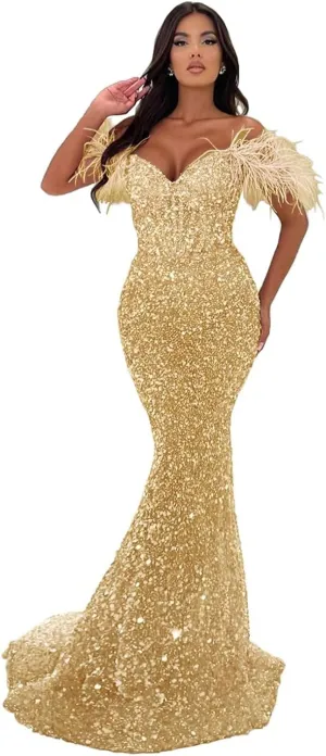 Off Shoulder Sweetheart Mermaid Prom Dresses 2024 Long Sparkly Sequin Feathers Sheath Formal Evening Party Gowns with Train