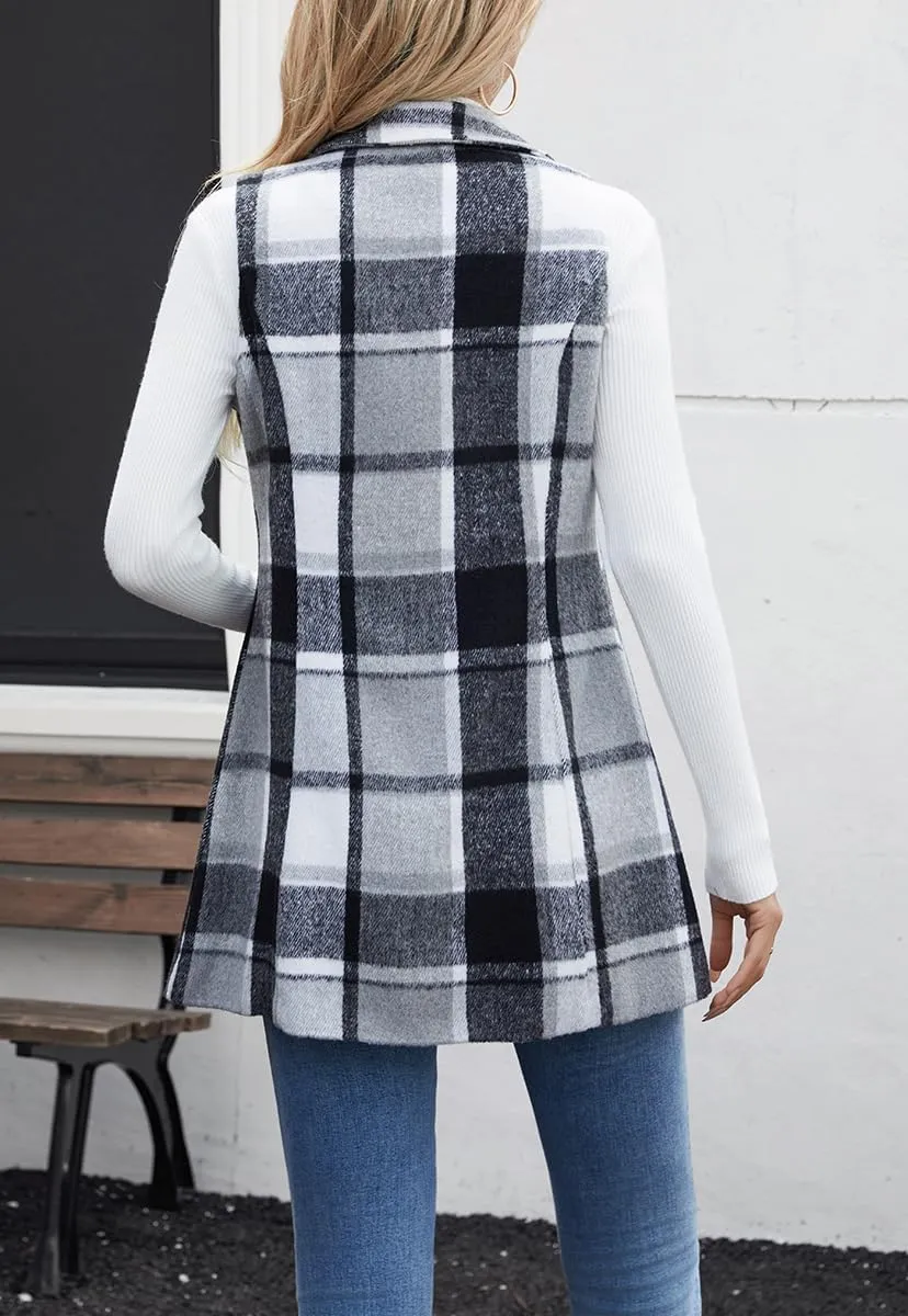 olrain Women Flannel Plaid Sleeveless Blazer Vest Lapel Neck Button Down Long Jacket Outwear Coat With Pockets Fall Winter