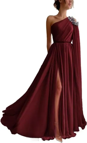 One Shoulder Beaded Bridesmaid Dresses Long Sexy Chiffon Side Split A-Line Pleated Prom Formal Dresses with Belt