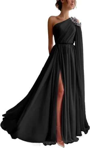 One Shoulder Beaded Bridesmaid Dresses Long Sexy Chiffon Side Split A-Line Pleated Prom Formal Dresses with Belt