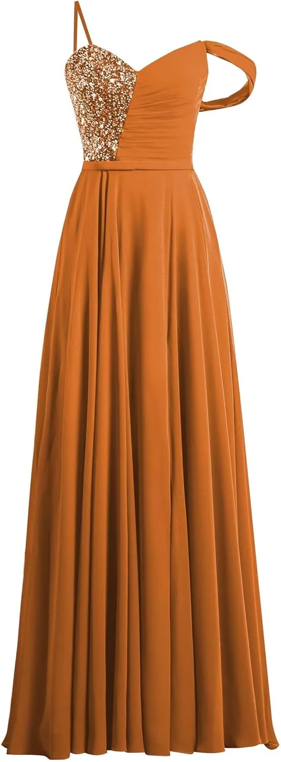One Shoulder Chiffon Bridesmaid Dresses with Sequin Pleated A Line Formal Party Gowns with Slit