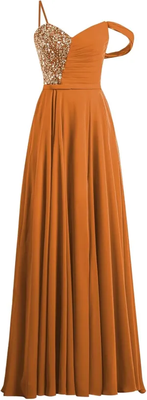 One Shoulder Chiffon Bridesmaid Dresses with Sequin Pleated A Line Formal Party Gowns with Slit