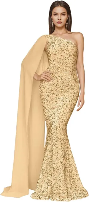 One Shoulder Sequin Prom Dresses for Women 2025 Sparkly Mermaid Formal Evening Party Gowns with Cape
