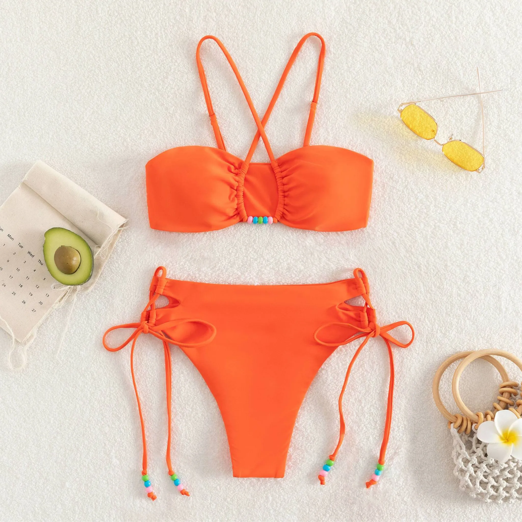 Orange High Waisted Criss Cross Bikini Set